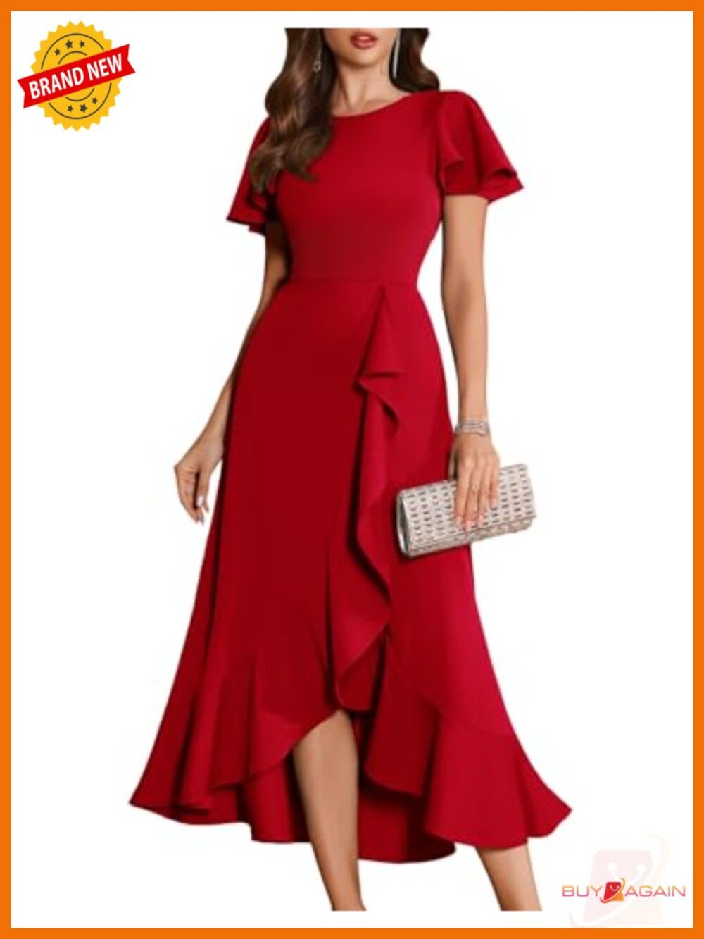 Women Formal Flutter Sleeve Cocktail Long Dress Nylon Spandex